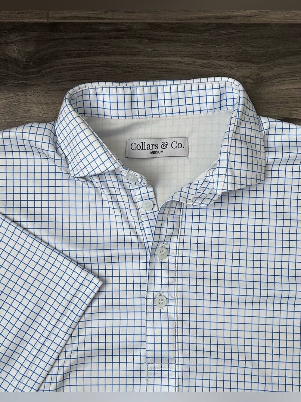 Collars & Co Polo Shirt Medium Performance Golf Stretch Blue Plaid Check & Flex